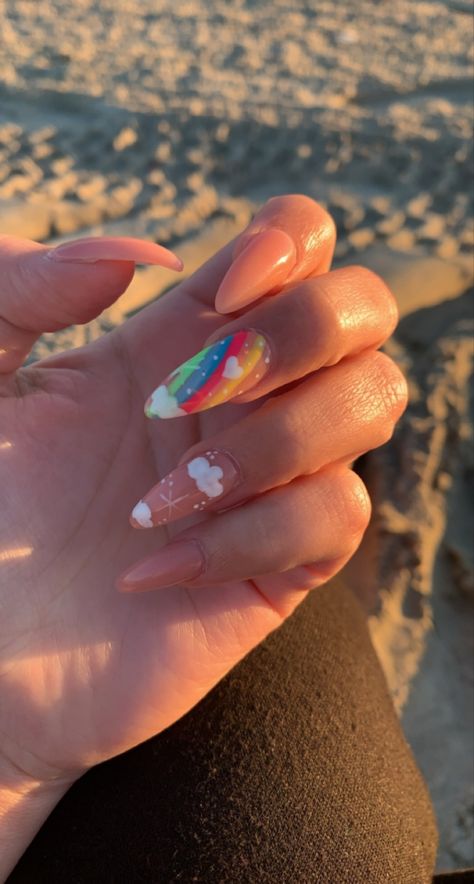 Rainbow Acrylic Nails Almond, Weather Nails Art, Rainbow And Cloud Nails, Boho Rainbow Nails Designs, Rainbow Cloud Nails, Pastel Rainbow Nail Art, Coffin Acrylic Nails Ideas, Nails With Rainbow, Rain Nails