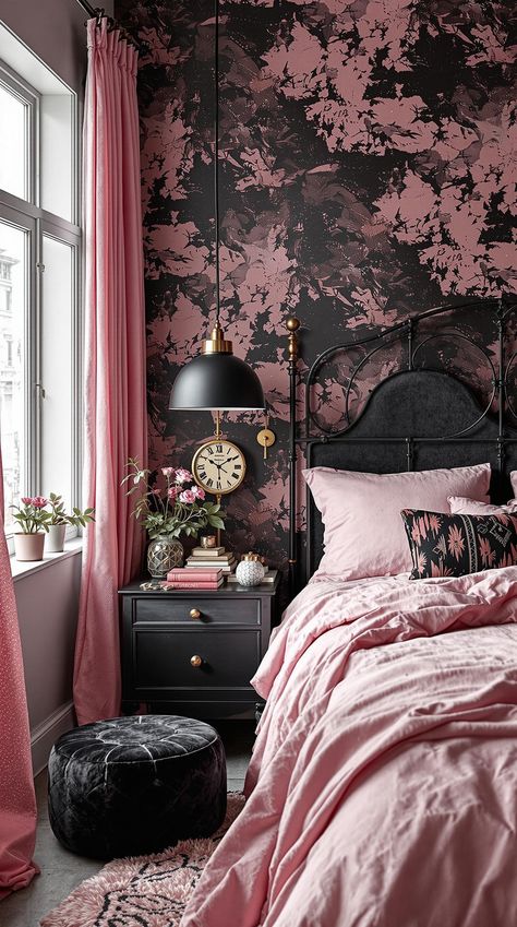 Pink and Black Bedrooms Pink And Black Master Bedrooms Decor, Pink And Black Walls Bedroom, Light Pink And Black Room Ideas, Black Gold And Pink Bedroom, Pink And Black Bed, Black White Pink Bedroom, Black And Pink Bedroom Decor, Goth Boho Bedroom, Dark Pink Bedroom Ideas