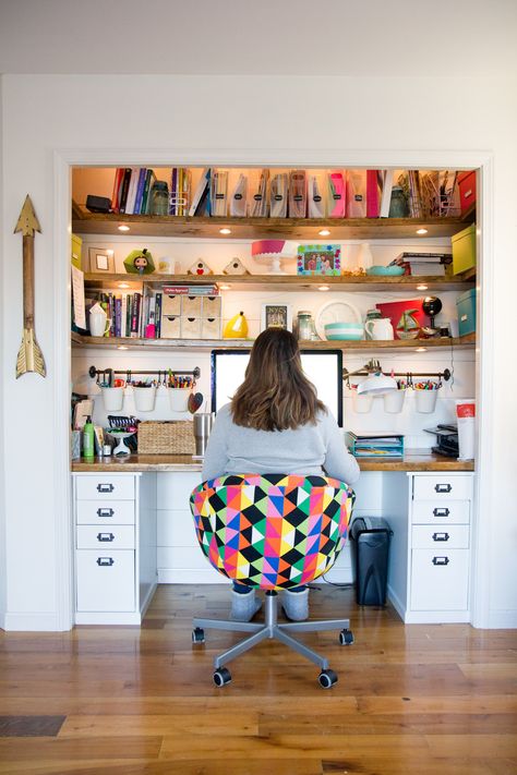 shelves inside closet Workroom Ideas Small Spaces, Closet School Room, Shelves Around Desk, Homeschool Closet Desk, Built In Craft Closet, Bedroom Closet Into Office, Craft Closet Desk, Closet Art Space, Dining Multipurpose Room