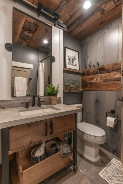 15 Rustic Bathroom Interior Designs You Will Fall In Love With! - My Decor Inspo Master Bathrooms Rustic, Kitchen Remodel Small Modern, Mountain Bathroom Ideas, Cabin Bathroom Ideas Rustic, Small Rustic Bathroom Ideas, Log Cabin Bathroom, Statement Rugs, Modern Farmhouse Bathroom Ideas, Western Bathroom