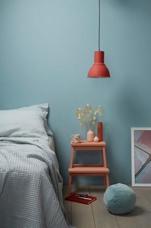 Blue Feature Wall Bedroom, Sky Blue Bedroom, Lucy Hutton, Duck Egg Blue Bedroom, Blue Feature Wall, Light Blue Bedroom, The Hating Game, Feature Wall Bedroom, Bedroom Orange