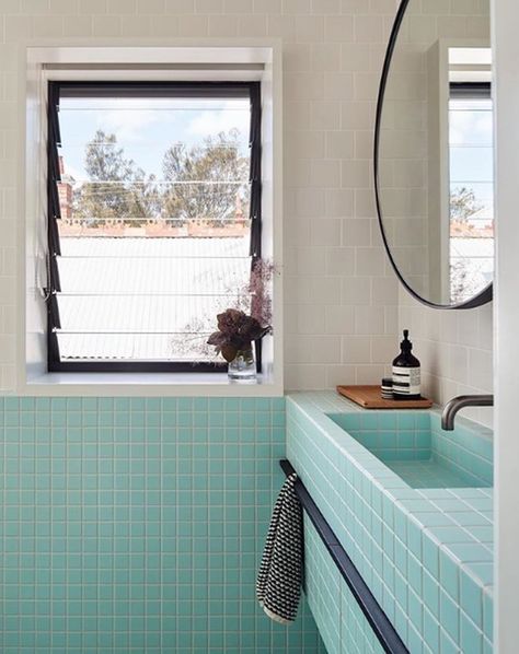 9 Colorful Bathroom Sink Ideas That Put Traditional White Basins to Shame | Hunker Cement Bathroom Sink, Bathroom Backsplash Ideas, Matte Black Shower Fixtures, Large White Tiles, Penny Tiles Bathroom, Bathroom Things, White Herringbone Tile, Midcentury Modern Bathroom, Aqua Tiles