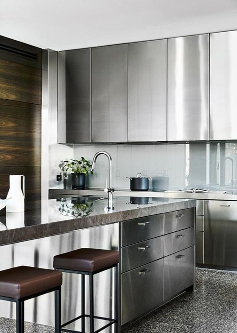 Caution: These 8 Stainless Steel Kitchen Cabinet Ideas Are Blindingly Beautiful | Hunker Stainless Steel Kitchen Design, Stainless Steel Kitchen Cabinets, Steel Kitchen Cabinets, Kitchen Island Bench, Refacing Kitchen Cabinets, New Kitchen Cabinets, Modern Kitchen Cabinets, Kitchen Marble, Stainless Steel Appliances