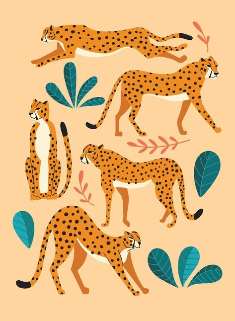 Cheetah Drawing, Leopard Art, Jungle Art, Cheetahs, Exotic Plants, Flat Illustration, Jungle Animals, Children's Book Illustration, Animal Pattern