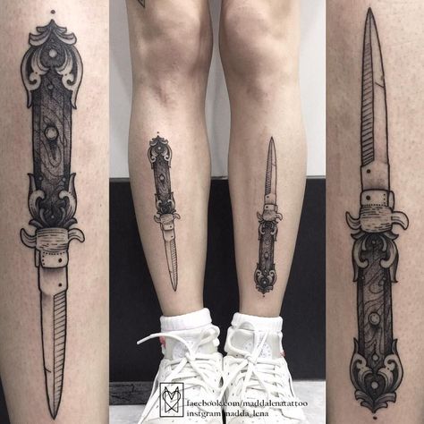 Womens Blackwork Tattoo, Knives Tattoo Ideas, Flick Knife Tattoo, Knife Leg Tattoo, Coltello Tattoo, Dark Goth Tattoos, Girly Goth Tattoo, Old School Knife Tattoo, Goth Tattoos For Women