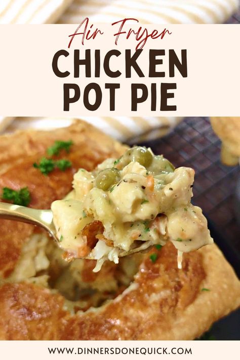 Looking for a mouthwatering comfort food recipe? You won't believe how easy and delicious this homemade chicken pot pie made in the air fryer is! The crust turns out perfectly golden and crispy while the filling is rich and savory. #DinnersDoneQuick #ChickenPotPieRecipe #ChickenPotPie #EasyChickenPotPie #HomemadeChickenPotPie #ChickenPotPiewithPuffPastry #HowtoMakeChickenPotPie #ChickenPotPieRecipeEasy #ChickenPotPieinAirFryer #ChickenPotPieAirFryer #ChickenPotPieFromScratch Air Fryer Chicken Pot Pie, Pot Pie In Air Fryer, Pie In Air Fryer, Homemade Pot Pie, Vegetarian Pot Pie, Airy Fairy, Recipe Air Fryer, Chicken Pot Pie Filling, Homemade Chicken Pot Pie