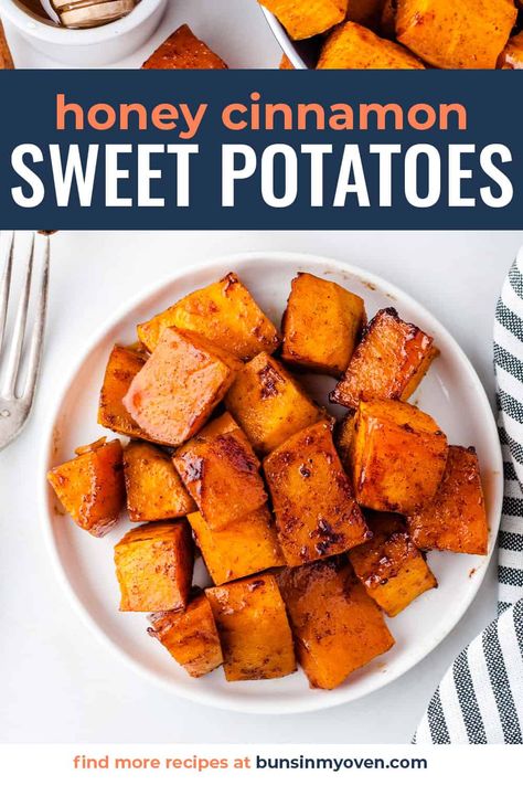 Roasted sweet potatoes are so simple to make and they're delicious tossed in honey and cinnamon. Samosa Recept, Cinnamon Sweet Potatoes, Cooked Vegetable Recipes, Spiral Vegetable Recipes, Vegetable Korma Recipe, Farmhouse Cooking, Fresh Vegetable Recipes, Simple Sides, Root Vegetables Recipes