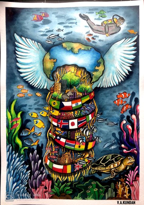 A bright painting of a jellyfish with wings, its tentacles holding a sort of international tower, with buildings and flags of countries all over the world. Corals, fish, and a turtle take up the bottom corners of the piece, while a diver can be seen looking down at the jellyfish from the top of the piece. Global Dignity Day Posters, Poster Making Ideas Creative, Poster Drawing Ideas Student, G20 Poster, People In Ocean, World Peace Art, Unity Drawing, Ocean Awareness, Climate Activism