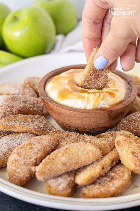 These Apple Fries with Caramel Cream Dip are the perfect warm dessert for a crisp Autumn evening. It made our house smell like apple pie. #applefries #carameldip #fallsnack #falltreat #appledessert #carameldessert #applerecipe #caramelrecipe Apple Fries, Best Apple Desserts, Warm Desserts, Cream Dip, Caramel Dip, Apple Recipes Easy, Caramel Cream, Autumn Evening, Apple Dessert