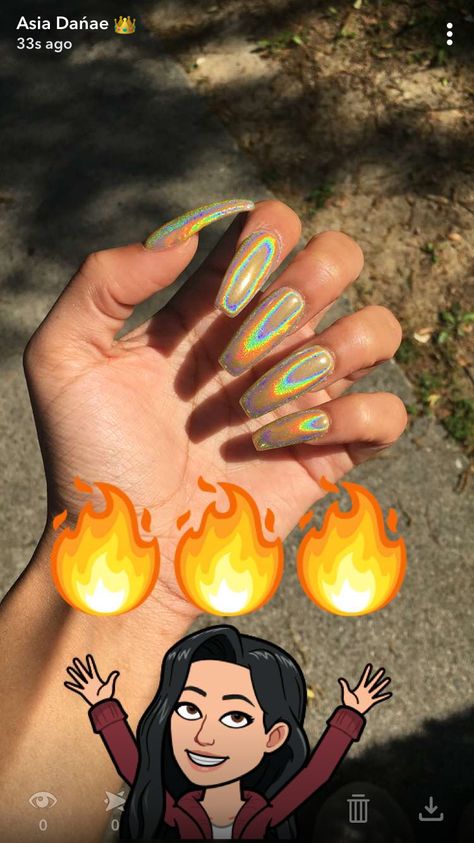 Yellow chrome nails coffin Yellow Holographic Nails, Holographic Acrylic Nails, Chrome Nails Coffin, Yellow Chrome Nails, Chrome Nails Summer, Nail Designs Coffin, Acrylic Nails Yellow, Purple Chrome Nails, Yellow Chrome