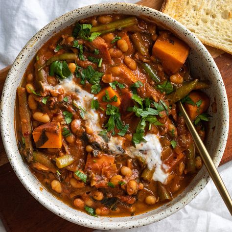 Sweet Potato and White Bean Stew with Harissa and Tahini (vegan) - Avocado Skillet White Beans Instant Pot, Chili With White Beans, Best Stew Recipe, Beans Instant Pot, Sweet Potato Green Beans, Best Vegan Chili, White Bean Stew, Vegan Chili Recipe, Favorite Chili Recipe