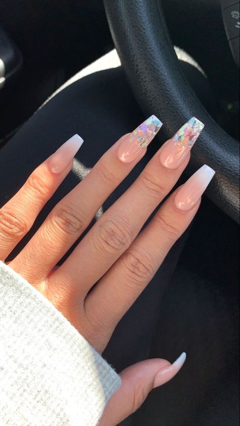 Acrylic Nails Ballerina Medium Summer, White Ombre Butterfly Nails, Clear Acrylic Nails With Butterflies, Prom Nails Coffin Shape, Simple Birthday Nails Coffin, Shiny Ombre Nails, Nails Inspiration Butterflies, Acrylic Nails Coffin Medium Length, Acrylic Nail Designs Ballerina Shape