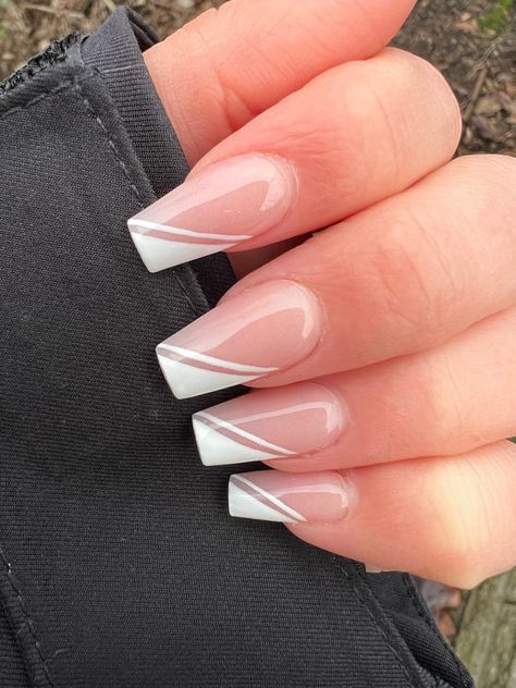 Pink And White Triangle French Tip Nails, Long Square Acrylic Nails Simple Designs, Square White Tip Nails With Design, Diaganol French Tip Nails, Acrylic Nail Designs French Tip White, White Acrylic Nail Designs Coffin, Half White Tip Nails, Corner Tip Nails, Slanted White Tip Nails