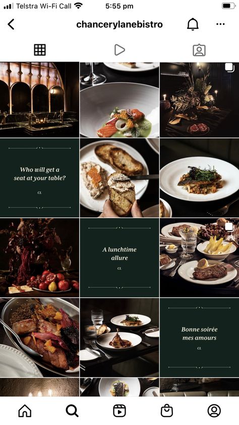 Fine Dining Social Media Design, Restaurant Moodboard Branding, Fine Dining Instagram Feed, Steakhouse Instagram Feed, Restaurant Feed Ideas, Aesthetic Food Instagram Feed, Instagram Grid Restaurant, Luxury Restaurant Instagram Feed, Luxury Restaurant Social Media