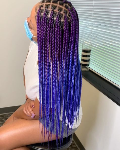 💛🖤Braids by Nastassja🖤💛 on Instagram: “💜💙Purple Rain💜💙 —————————————————————— •Medium KNOTLESS + Lower Back —————————————————————— •Braid Down: @_styledbykaylah…” Blue And Black Braids, Purple Box Braids, Braids Medium, Medium Knotless, Lavender Hair Colors, Colored Box Braids, Purple Braids, Individual Braids, Short Box Braids Hairstyles