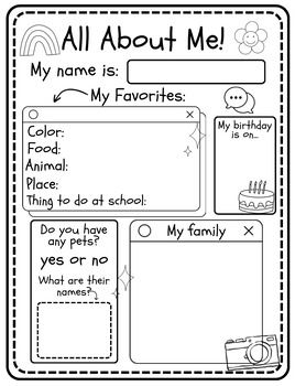 Pre K All About Me Activities Back To School, My Favorites Worksheet Free Printables, 1st Week Of School Crafts, About Me First Day Of School Activity, First Day Grade 1 Activities, First Week Of School Art Preschool, All About Me First Day Of School, Back To School Templates Free Printable, All About Me First Grade