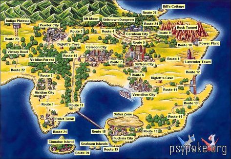 Pokemon Red, Blue and Yellow :: World Map What Pokemon Are You, Pokemon Characters Names, Kanto Region, Pokemon Rpg, Pokemon Photo, Pokemon Blue, Gold Pokemon, Pokemon Regions, Blue Map