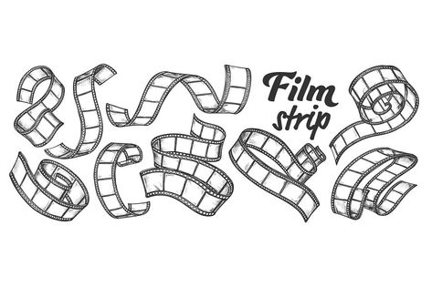 Film Strip For Camera Or Projector Ink Set Vector. Collection Of Blank Old Film Reel Ribbon In Spiral Curl And Twisted. Engraving Template Hand Drawn In Vintage Style Black And White Illustrations Atomic Age Design, Old Film, Film Reel, Black And White Illustrations, Film Reels, Lettering Practice, Film Strip, Wireframe Kit, Black And White Illustration