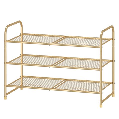 PRICES MAY VARY. 【3-TIER SHOE RACK】 Stores up 9-12 pairs of shoes for men, women, additional bottom storage for slippers. Allow extra storage which can hold sundries in your kitchen, living room 【PERFECT FOR HEELS】The narrow metal wire mesh prevents even the small items from falling down and keep your stilettos, boots, shoes and high heels shoes stable 【STACKABLE & EXPANABLE】Include 4 connectors and stack up to multiple units that maximizes storage space in the same footprint, or bridged horizon 3 Tier Shoe Rack, Stackable Shoe Rack, Adjustable Shoes, Shoe Shelf, Diy Simple, Shelf Storage, Gold Shoes, Shoe Organizer, Wire Mesh