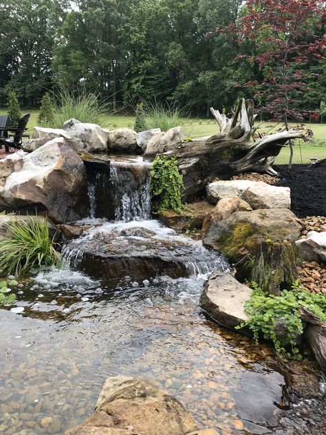 Pond With Stream And Waterfall, Waterfalls Backyard Diy, Backyard Ponds And Waterfalls, Waterfall Pond, Diy Ponds Backyard, Garden Rocks, Garden Pond Design, Diy Pond, Diy Garden Fountains