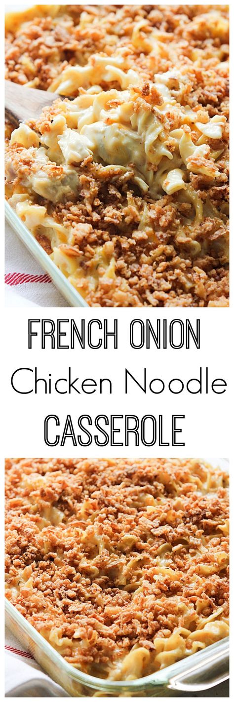 You can use chicken or leftover turkey to make this French Onion Chicken Noodle Casserole. It's comfort food for the coming winter that everyone will love. Comforting Casseroles, Chicken Noodle Casserole Recipe, Noodle Casserole Recipes, Chicken Noodle Casserole, French Onion Chicken, Savory Pies, French Fried Onions, Skillet Dinners, Onion Chicken