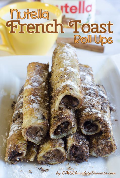 the pan and roll them in the sugar and cinnamon so they are well coated from each site Serve right away Nutella French Toast Roll Ups, Toast Roll Ups, French Toast Roll Ups, French Toast Rolls, Nutella French Toast, Nutella Recipes, Läcker Mat, God Mat, Roll Ups