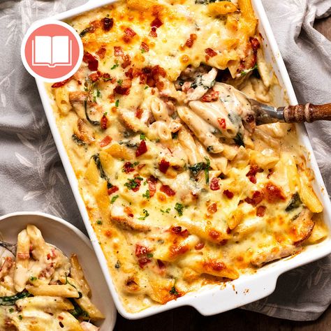 Creamy Tuscan Chicken Pasta Bake Creamy Chicken Pasta Bake, Creamy Tuscan Chicken Pasta, Baked Chicken Pasta Recipes, Panini Recipes Chicken, Pork Casserole, Tuscan Chicken Pasta, Creamy Tuscan Chicken, Pasta Cremosa, Creamy Chicken Pasta