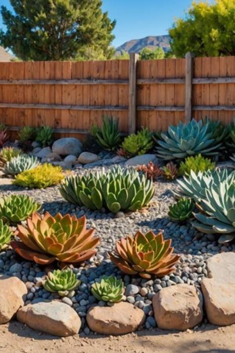 Succulent garden with various plants arranged in a gravel bed, surrounded by a wooden fence and a mountain view in the background. Outdoor Succulent Garden, Arizona Landscaping, Care For Succulents, Outdoor Succulents, Xeriscape Front Yard, Arizona Garden, Hardy Succulents, Modern Bedroom Colors, Arizona Gardening