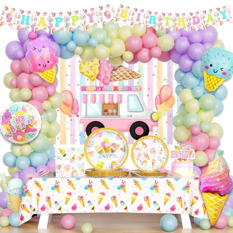 PRICES MAY VARY. 🍨 SCREAM FOR THE COOL ICE CREAM PARTY – Planning to have a cool and lovely party in this hot summer? It’s a theme that people of all ages would enjoy at any time and is sure to be a big hit with your guests. All the details are in pastel colors. These decorations set a sweet and soft tone. Let’s scream for the ice cream party! 🍦 ICE CREAM BIRTHDAY DECORATIONS INCLUDES - 100 x 12’’ latex balloons | 50 x 5’’ latex balloons | 1 x round foil balloon | 3 x ice cream foil balloons | Cream Party Decorations, Backdrop Balloon, Ice Cream Party Decorations, Ice Cream Theme, Summer Ice Cream, Ice Cream Birthday, Girl 2nd Birthday, Balloon Banner, Party Places