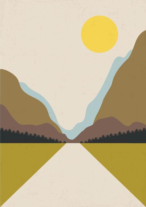 Vector minimalistic aesthetic landscapes with mountains and road. Boho wall print decor in flat style. Mid century modern minimalist art and design Landscape Flat Design, Flat Vector Art, Flat Landscape Illustration, Road Illustration Design, Mountain Illustration Simple, Flat Aesthetic, Aesthetic Landscapes, Modern Minimalist Art, Graphic Design Style