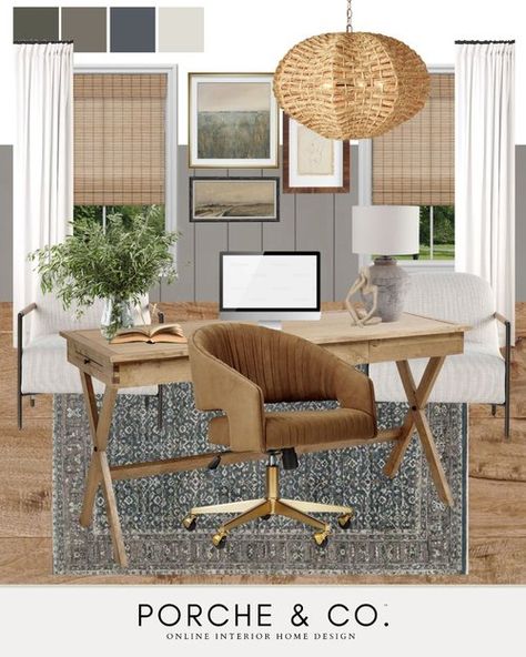 Moodboard Office, Beachy Office, Modern Transitional Home, Transitional Home Office, Transitional Spaces, Home Office Library, Cozy Home Office, Coastal Modern, Office Makeover