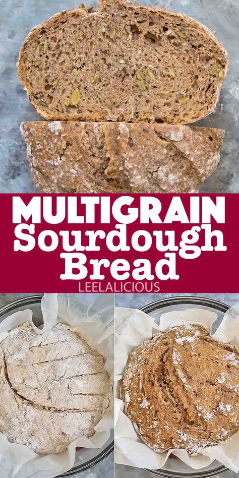 This seeded multigrain sourdough bread recipe is a healthy, hearty whole-grain bread. It requires a bit of planning and time, but most of the process is hands-off. This bread doesn't require any kneading, fancy folds, not even a Dutch oven. You simply mix it, allow it to proof, shape it, and then bake it. Multigrain Sourdough Bread Recipe, Multigrain Sourdough Bread, Multigrain Bread Recipe, Artisan Sourdough Bread Recipe, Savory Bread Recipe, Multigrain Bread, Starter Recipe, Homemade Breads, Grain Bread