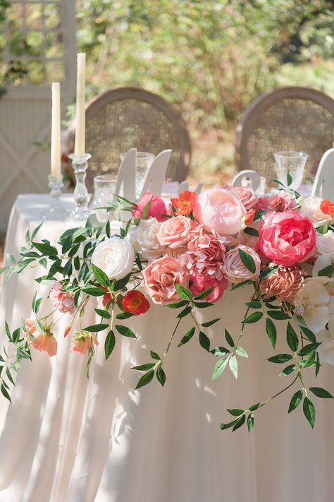 Flower Swag & Tablecloth for Sweetheart Table - Orange & Coral Colorful Sweetheart Table Flowers, Colorful Sweetheart Table Wedding, Sweetheart Table Wedding Flowers, Sweetheart Table Florals, Sweetheart Table Centerpiece, Wedding Sweetheart Table Decor, Sweetheart Table Flowers, Head Table Wedding Decorations, Greenery Wedding Bouquet