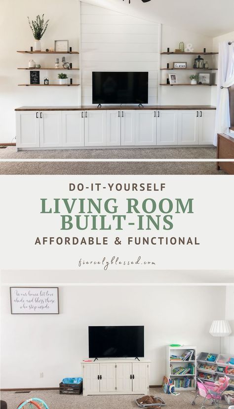 Vaulted Ceiling Living Room, Built In Entertainment Center, Floating Shelves Living Room, Built In Shelves Living Room, Living Room Built Ins, Living Room Entertainment Center, Family Room Walls, Living Room Entertainment, Living Room Update