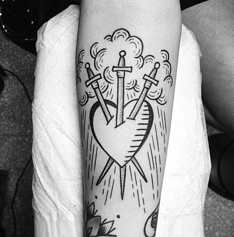 Three Swords Tattoo, 3 Of Swords, Swords Tattoo, American Traditional Tattoo Ideas, Traditional Tattoo Ideas, Tarot Tattoo, Flame Tattoos, Just Ink, Dagger Tattoo