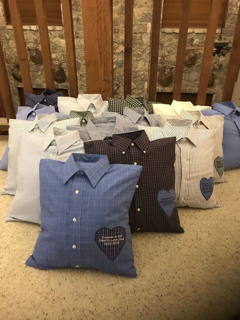 Shirts Made Into Pillows, Memory Pillow Shirt, Shirt Memorial Ideas, Memorial Pillows From Shirts Dads, Memory Cushion Ideas, Making Pillows Out Of Old Shirts, Pillows Out Of Shirts, How To Make A Pillow Out Of A Shirt, Memory Pillows Made From Shirts My Dad