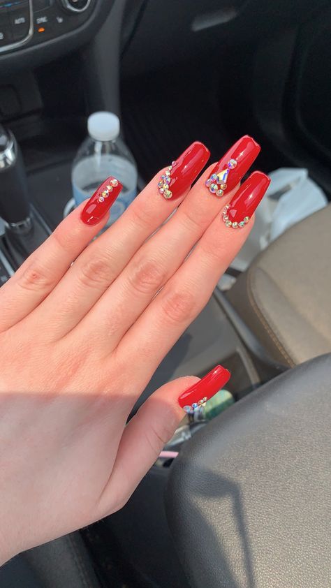 #red #rednails #gem #gems #gemnails #rhinestonenails #redweddingnails #weddingnails #cherrynails #gemstonenails #longnails #acrylicnails #longacrylicnails Red Nails With Gems Rhinestones, Red Nails With Gems, Red Wedding Nails, Nails With Gems, Short Red Nails, Cherry Nails, Red Jewel, Studded Nails, Red Nail Designs