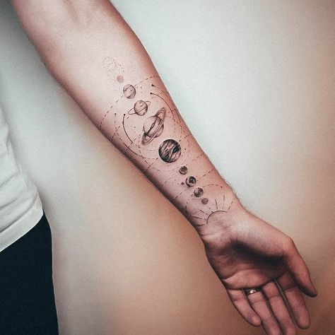 Solar System Tattoos, Tree Leg Tattoo, Space Tattoo Ideas, Cosmic Tattoo, Solar System Tattoo, Father Tattoos, Planet Tattoos, Planet Design, Geometric Tattoo Design