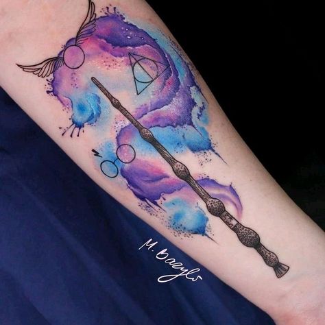 Harry Potter Train Tattoo, Wand Tattoo Harry Potter, Harry Potter Wand Tattoo, Harry Potter Tattoos Unique, Harry Potter Tattoo Designs, Wand Tattoos, Harry Potter Tattoo Unique, Patronus Tattoo, Harry Potter Tattoo Sleeve