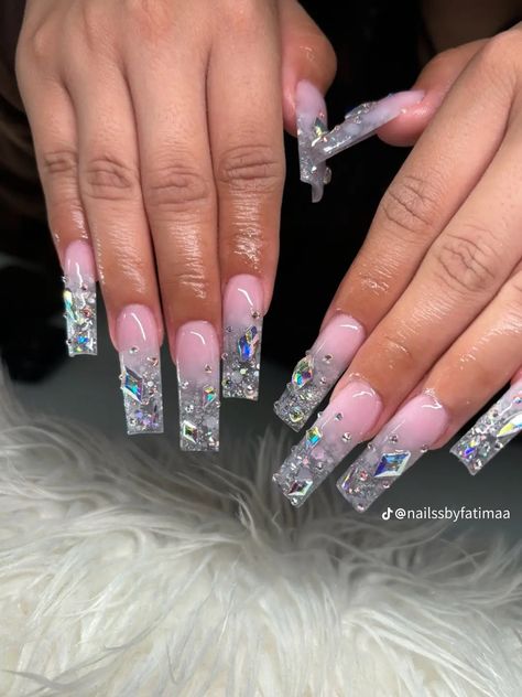 Ombre Stones Nails, Pink Silver Prom Nails, Bling Ombre Acrylic Nails, Diamond Ombre Nails, Bling Ombre Nails, Glitter Ombre Nails With Rhinestones, Rhinestone Nails Medium, Silver Bday Nails, Ombre Diamond Nails