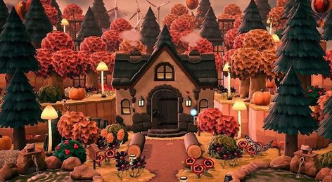 Brown Animal Crossing Aesthetic, Autumn Flag Acnh, Halloweentown Animal Crossing, Acnh Fall Street Code, Autumn Animal Crossing Codes, Acnh Fall House Exterior, Animal Crossing Fall Designs, Animal Crossing Autumn Ideas, Animal Crossing Pfp Aesthetic