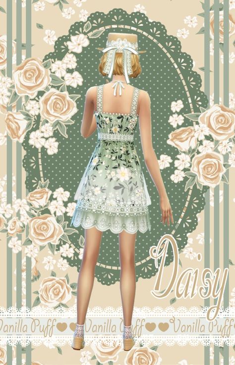 Vanilla Puff Original Sets ♡ DAISY ♡ Vanilla Puff Sims 4 Original Mesh Set – @vanillapuffcc on Tumblr Ts4cc Cottagecore, Sims 4 Cc Babydoll Dress, Sims 4 Cc Flower Dress, Sims Cottage Core Cc, Sims 4 Cottage Clothes, Sims 4 Summer Dress, Sims 4 Cc Summer Clothes, Cottage Clothes, Sims 4 Cottage