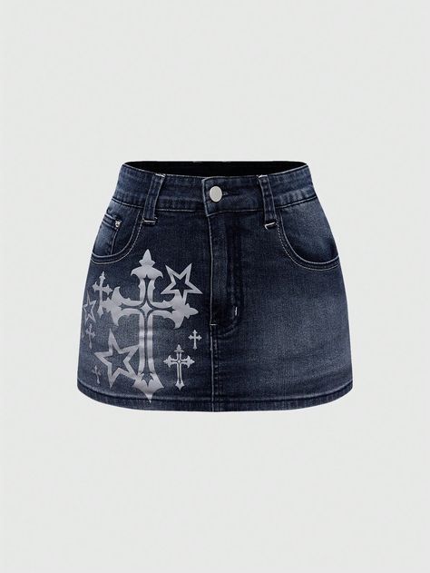 Women's Star Cross Printed Denim Skirt With Pockets Blue Casual   Denim Geometric,Plants Straight Medium Stretch  Women Clothing, size features are:Bust: ,Length: ,Sleeve Length: Killstar Clothing, Punk Woman, Casual Denim Shorts, Bleu Azur, Star Cross, Printed Denim, Kids Sleepwear, Casual Street Style, Kpop Outfits