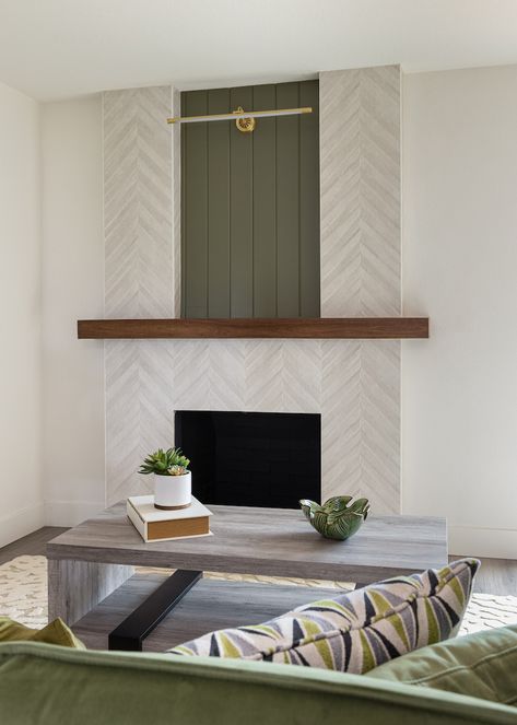 Fireplace Chevron Tile, Tall Tile Fireplace Wall, Fireplace Tile Pattern, Shiplap Tile Fireplace, Honeycomb Tile Fireplace, Earthy Fireplace Tile, Fireplace Tile To The Ceiling, Tiled Mantle Fireplace, Herring Bone Fireplace Wall