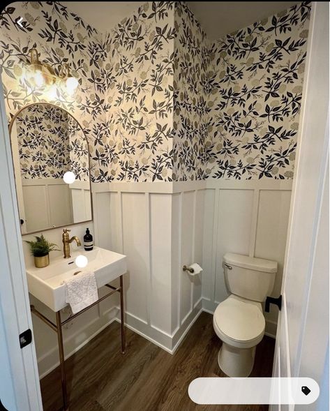 Wallpaper Above Board And Batten, Small Bathroom Wainscoting Ideas, Board And Batten Bathroom, Bathroom Wainscoting Ideas, Half Bathroom Wallpaper, Batten Bathroom, No Wallpaper, Bathroom Wainscoting, Small Bathroom Wallpaper