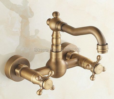 Antique Brass  Wall Mounted Kitchen Faucet / Dual Cross Handles Swivel Spout Vessel Sink & Bathroom Basin Mixer Taps Wsf006 Antique Brass Kitchen Faucet, Vintage Kitchen Sink, Brass Kitchen Tap, Antique Brass Kitchen, Antique Brass Faucet, Wall Mount Kitchen Faucet, Copper Faucet, Brass Kitchen Faucet, Farmhouse Laundry