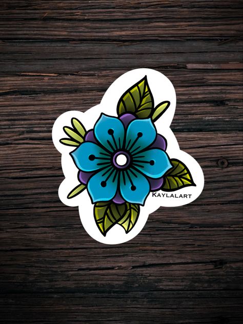 Flower American Traditional, Purple Flower Sticker, Blue Flower Sticker, Traditional American Tattoo, Traditional Tattoo Prints, Rose Tattoo Cover Up, Purple Flower Tattoos, Blue Flower Tattoos, Purple Rose Tattoos