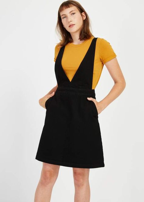 Denim Pinafore in Black Denim #neck#possibilities#mock Pinafore Dress Outfit, Black Pinafore Dress, Black Pinafore, Denim Pinafore, Frank And Oak, 90s Looks, Wardrobe Inspiration, Pinafore Dress, Velvet Tops