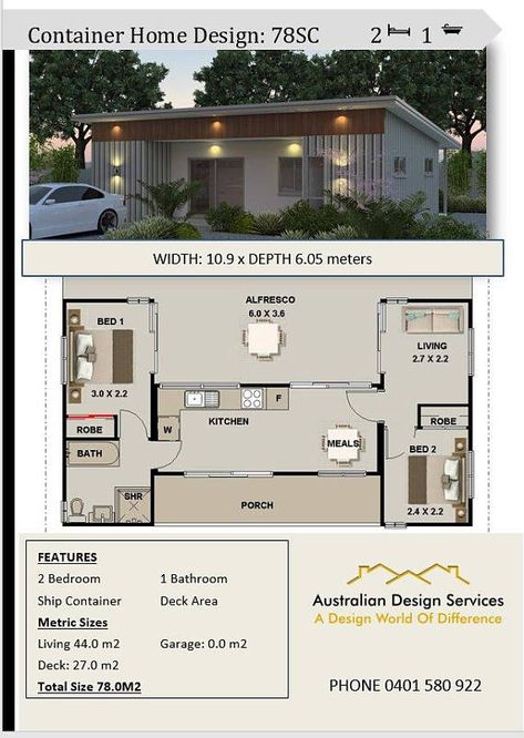 3 shipping containers combined floor plans - cheap home design Plan Number: 78SC 2 Bedroom + Bathrooms + Living Room + Alfresco Home Size: Total: 840sq foot or 78.0 m2 ---------------------------- Width of home : 35 feet 9 inches or 10.930 meters Depth of Home: 19feet 8 inches Container Home Designs, Container Homes For Sale, Shipping Container Home Designs, Storage Container Homes, Shipping Container House Plans, Building A Container Home, Container Architecture, Container House Plans, Casa Container