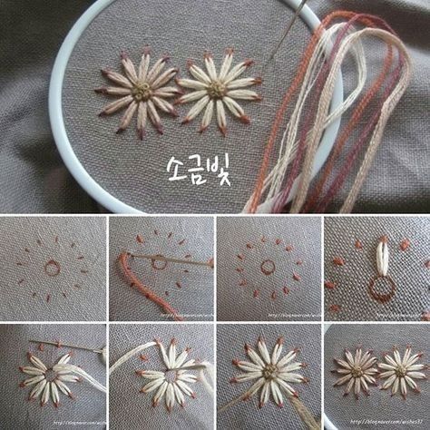 Embroidery Stitches Flowers, Sulaman Pita, Basic Embroidery Stitches, Embroidery Stitches Tutorial, Pola Sulam, Learn Embroidery, Embroidery Flowers Pattern, Simple Embroidery, Silk Ribbon Embroidery